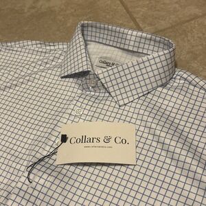 Collars and Co Polo Mens Medium -Thin Blue Check - Semi Spread Collar NWT White